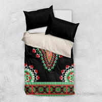 Black and white bedding set showing dashiki-style lion design with green/red patterned hem