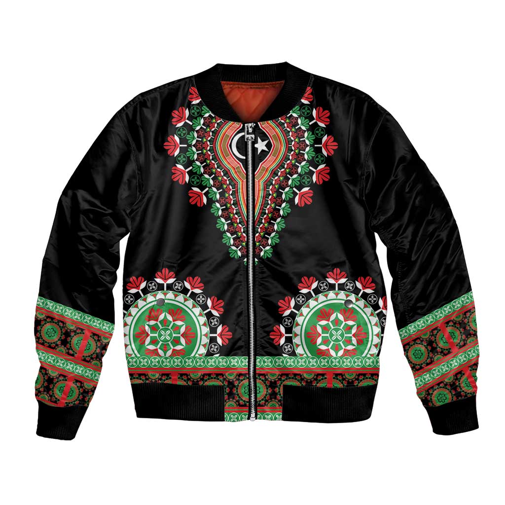 Black unisex bomber jacket with zip front and green-red dashiki lion emblem print