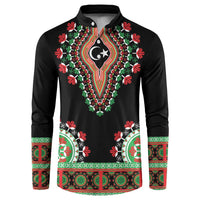 Black button-front sweatshirt dashiki print with lion emblem and floral border
