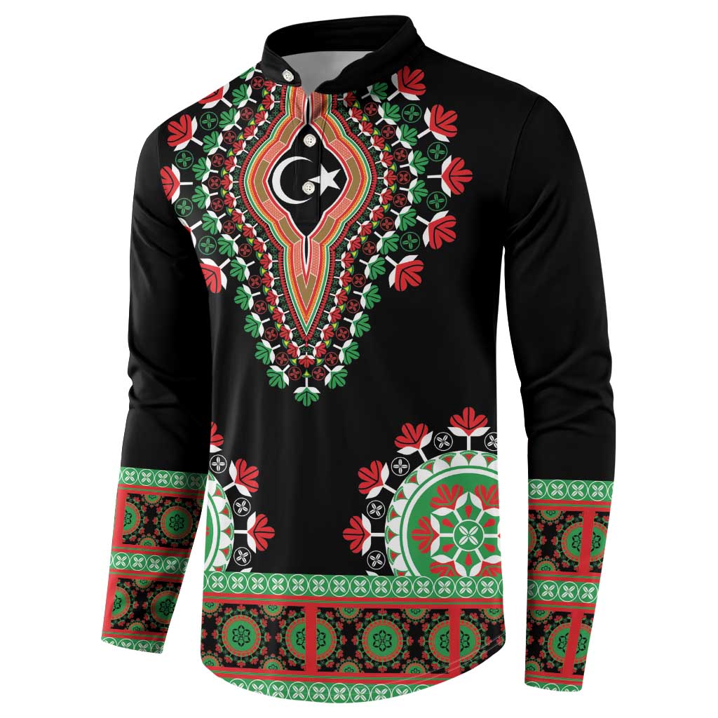 Black button-front sweatshirt with front lion dashiki motif and red-green hem border