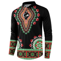 Black button-front sweatshirt with front lion dashiki motif and red-green hem border