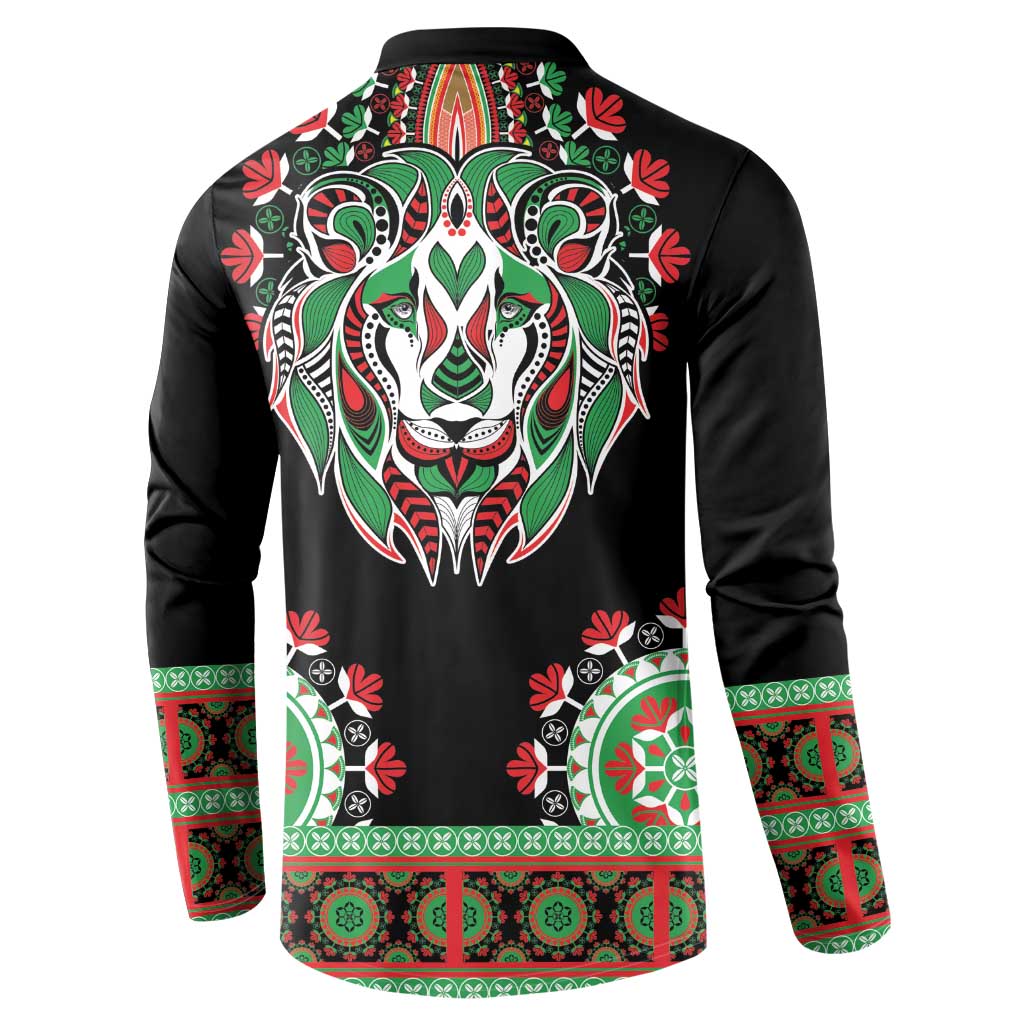 Black sweatshirt back view with large lion head graphic and red-green patterned border