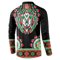 Black sweatshirt back view with large lion head graphic and red-green patterned border