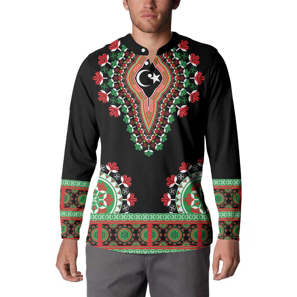 Black sweatshirt with button placket, front dashiki lion design and red-green cuffs