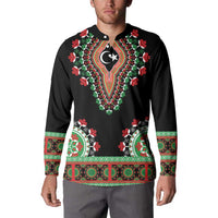 Black sweatshirt with button placket, front dashiki lion design and red-green cuffs