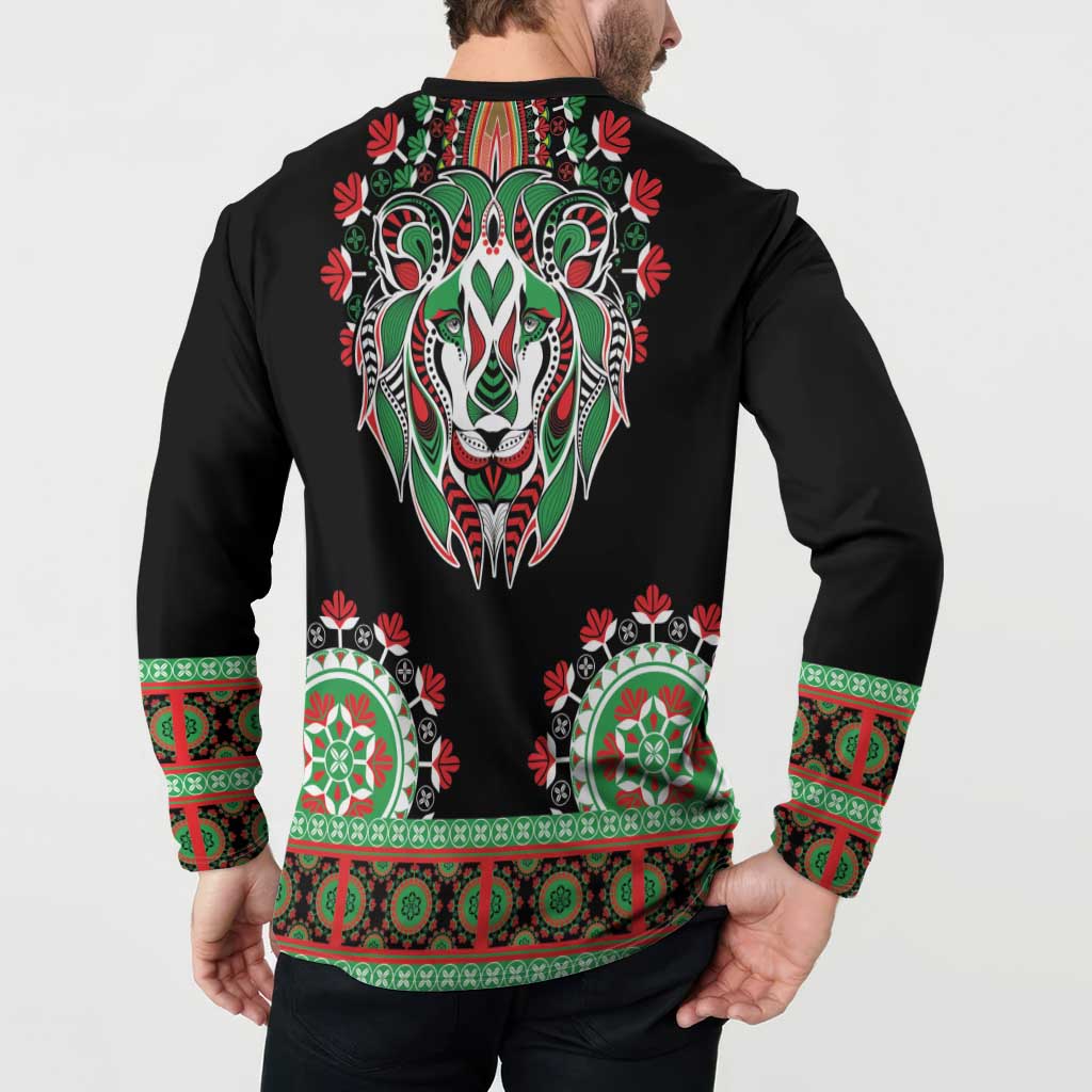 Black sweatshirt back view with lion head graphic, green-red cuff and hem band