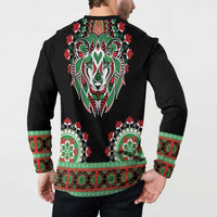 Black sweatshirt back view with lion head graphic, green-red cuff and hem band