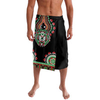 Men's black dashiki-style lavalava skirt with colorful lion and flag print panel