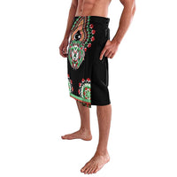 Men's black dashiki-style lavalava skirt with side view colorful lion print panel
