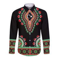 Black long sleeve button dashiki shirt with front lion emblem and green/red floral trim