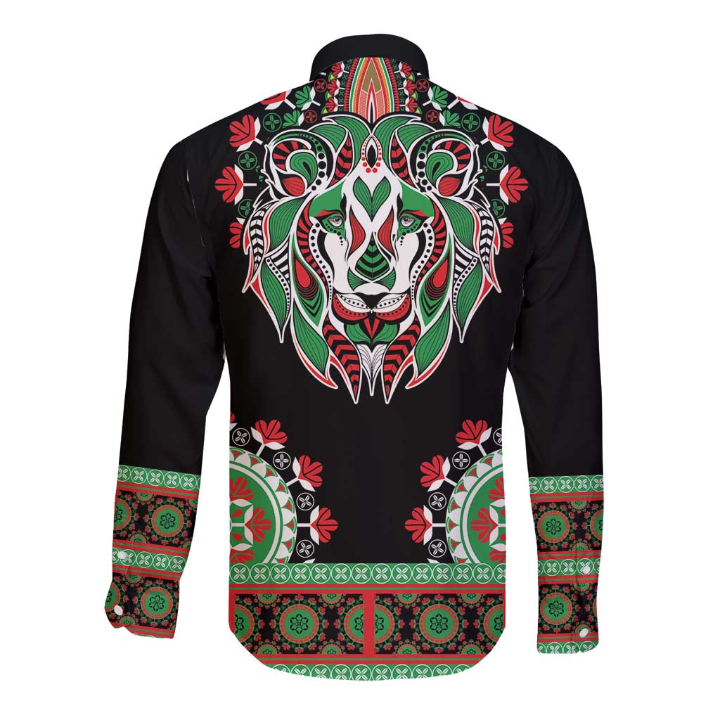 Black long sleeve button dashiki shirt with back lion head print and patterned green/red cuffs