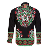 Black long sleeve button dashiki shirt with back lion head print and patterned green/red cuffs