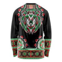 Black unisex long sleeve dashiki shirt with detailed lion head back graphic, trim border