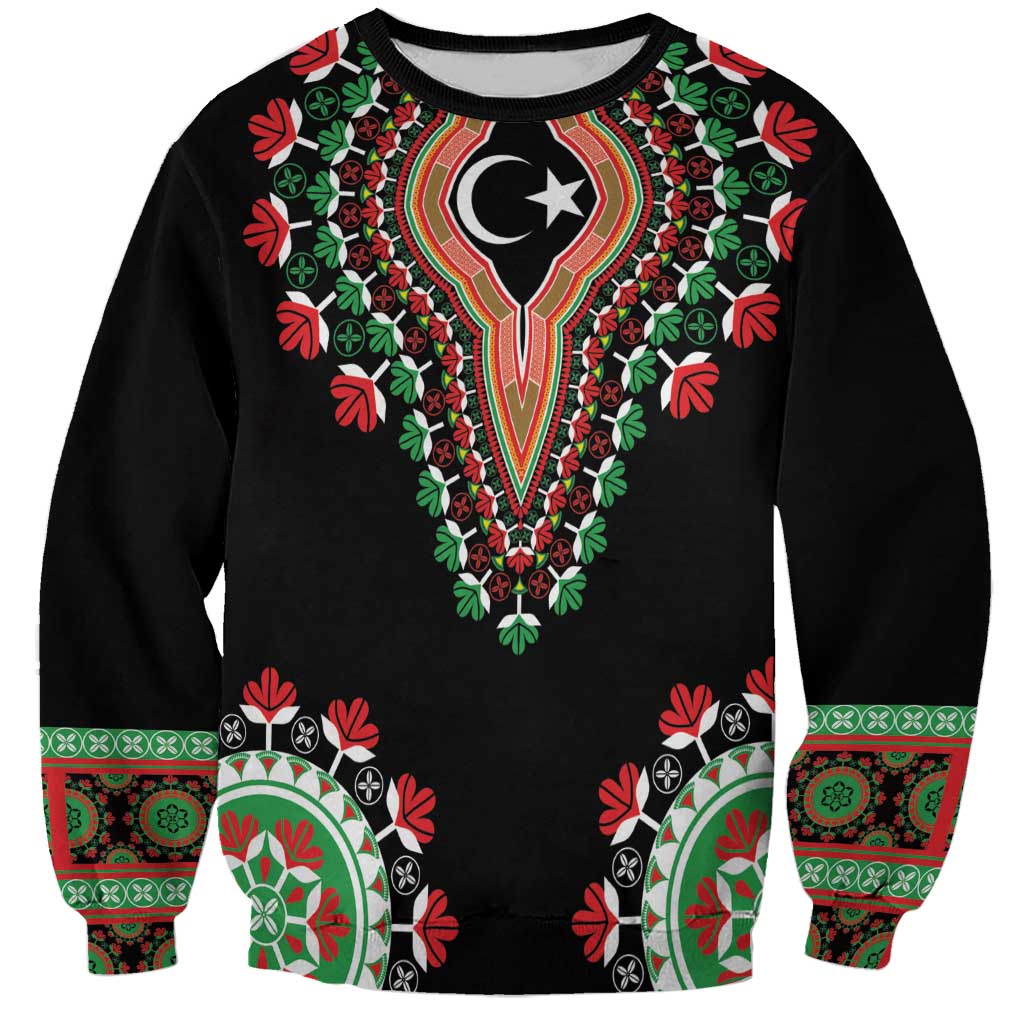 Black unisex sweatshirt with central dashiki-style lion graphic in red, green, white