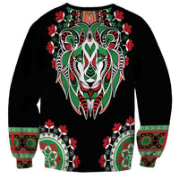 Black unisex sweatshirt with large back lion head graphic in green, red, and white