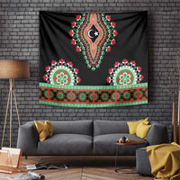 Black dashiki tapestry with central crescent moon emblem and green-red floral border