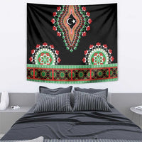 Black wall tapestry with central crescent moon design and colorful green-red band