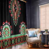 Black curtain pair with green, red, and white ornament border along the hem.