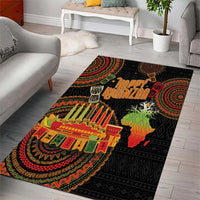 Black tribal Kwanzaa area rug with kinara candles, Africa map, and round red border