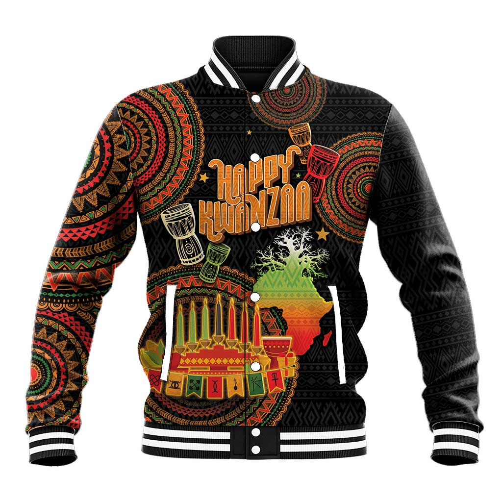 Black unisex baseball jacket with ribbed collar, striped cuffs, and Happy Kwanzaa kinara print