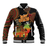 Black unisex baseball jacket with ribbed collar, striped cuffs, and Happy Kwanzaa kinara print