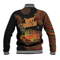 Black unisex baseball jacket, back view, with Happy Kwanzaa kinara graphic and striped rib hem