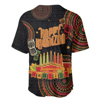 Black baseball jersey with Happy Kwanzaa graphic, kinara candles, and tribal pattern