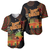 Two black baseball jerseys with Happy Kwanzaa text, kinara candles, and tribal artwork