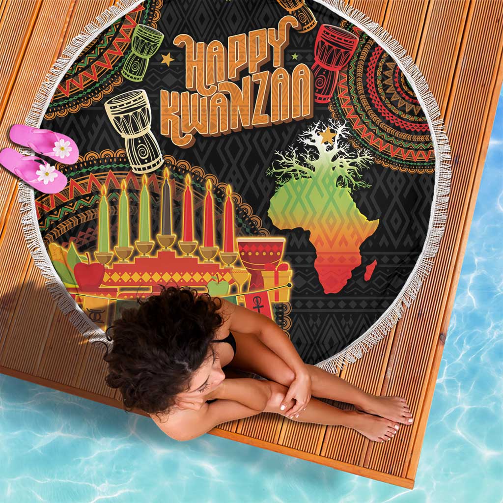 Round beach blanket, black tribal pattern with Happy Kwanzaa, kinara candles and Africa silhouettes.