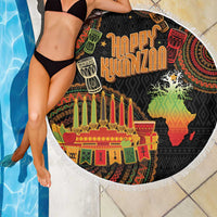 Round beach blanket with black Happy Kwanzaa tribal artwork, kinara candles, Africa map.