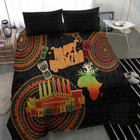 Black Kwanzaa bedding set showing “Happy Kwanzaa” text, candles, and medallion shapes