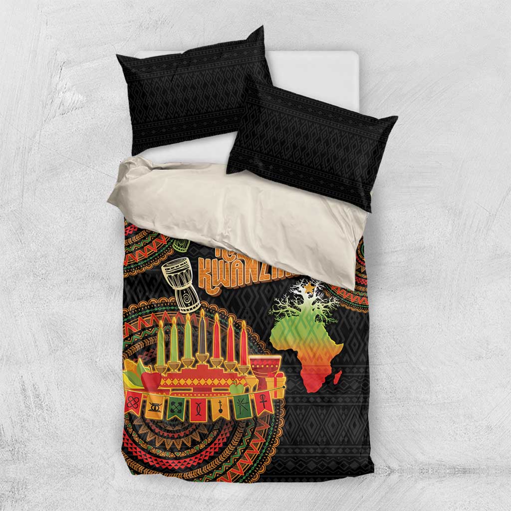 Black Kwanzaa bedding set with “Happy Kwanzaa” text and candle motif, shown flat