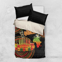 Black Kwanzaa bedding set with “Happy Kwanzaa” text and candle motif, shown flat