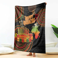 Black Happy Kwanzaa throw blanket featuring menorah, banners, African map and decorative patterns