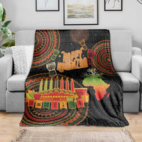 Black Happy Kwanzaa throw blanket with colorful menorah candles and African map graphic
