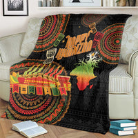 Black Happy Kwanzaa throw blanket with colorful menorah, banners, African map and spiral motifs