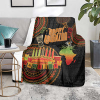 Black Happy Kwanzaa throw blanket showing menorah candles, African map and tribal-style borders
