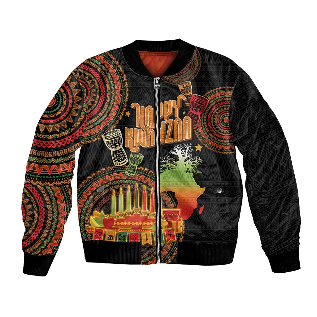 Black bomber jacket with front zip, Happy Kwanzaa print and colorful tribal art panels