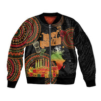 Black bomber jacket with front zip, Happy Kwanzaa print and colorful tribal art panels