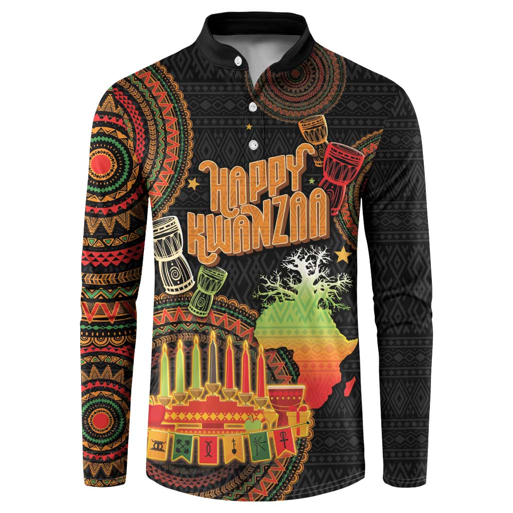 Black button-front long-sleeve sweatshirt with colorful Happy Kwanzaa graphic