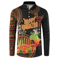 Black button-front long-sleeve sweatshirt with colorful Happy Kwanzaa graphic