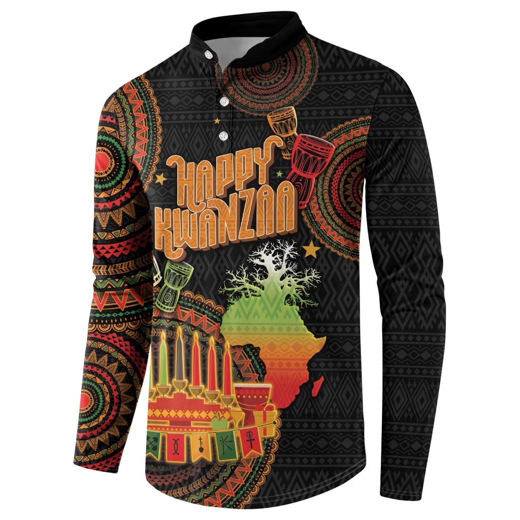 Black button-front long-sleeve sweatshirt with Happy Kwanzaa text and candle artwork