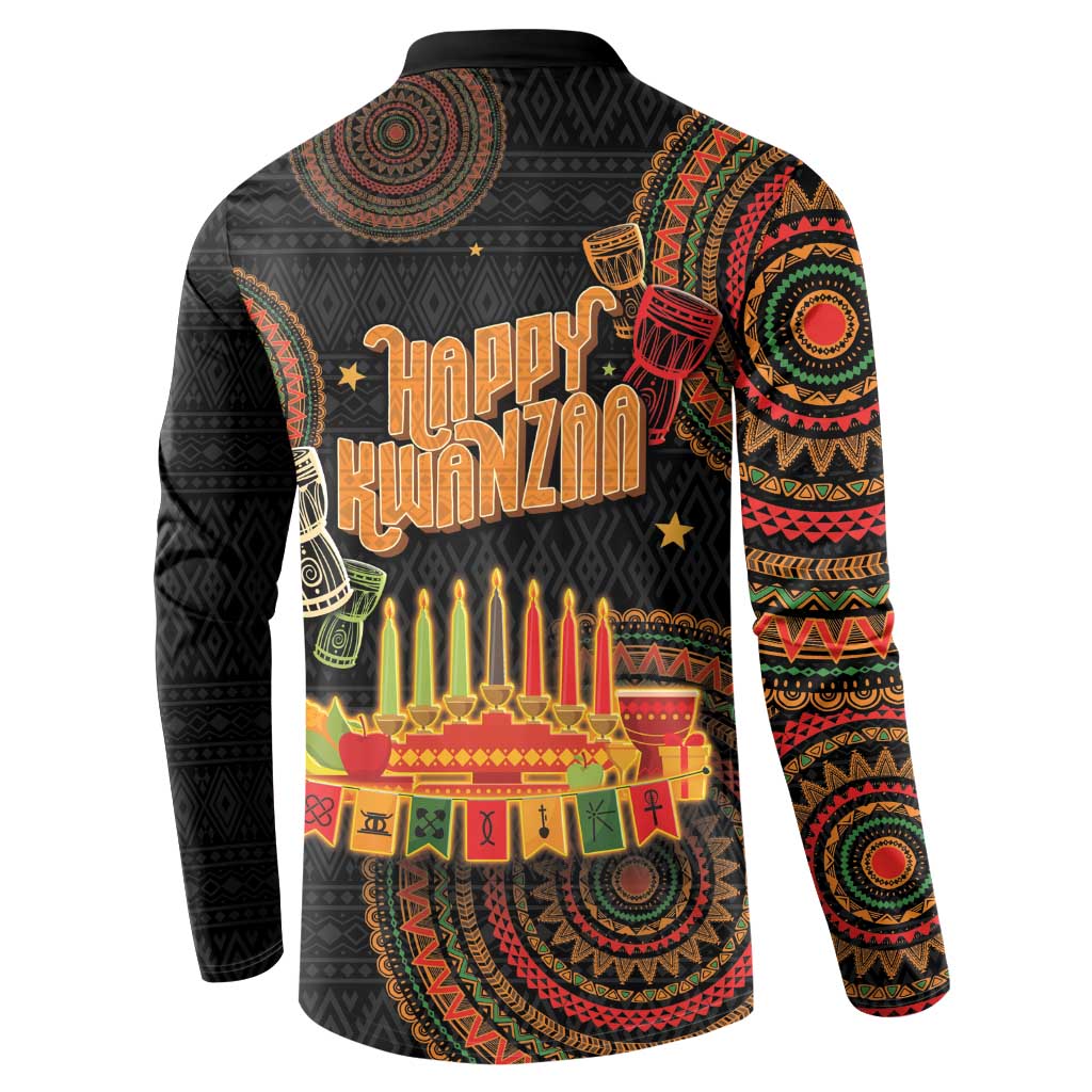 Black long-sleeve sweatshirt with Happy Kwanzaa text and menorah graphic on back