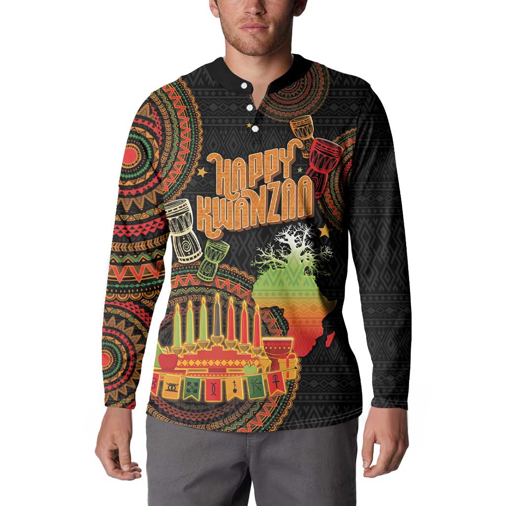 Black button-front long-sleeve sweatshirt featuring Happy Kwanzaa and candle menorah art