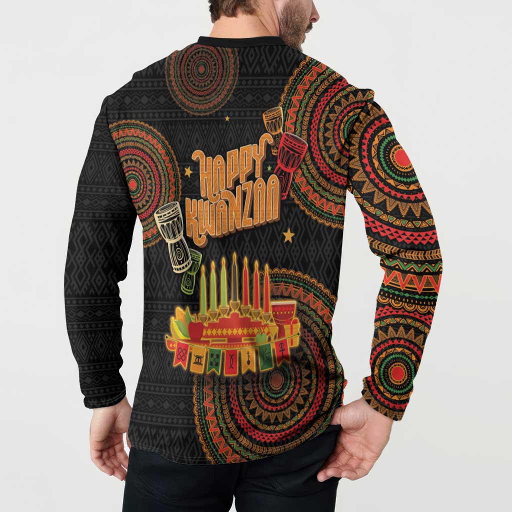 Black sweatshirt back with tribal circular pattern and Happy Kwanzaa candle scene