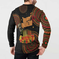 Black sweatshirt back with tribal circular pattern and Happy Kwanzaa candle scene