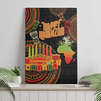 Black canvas wall art of Happy Kwanzaa with kinara candles, symbols, and African pattern