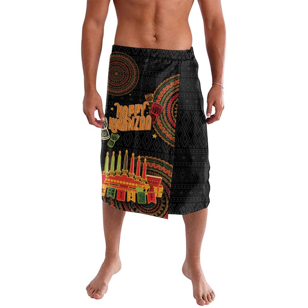 Black knee-length tribal print shorts with colorful Kwanzaa candle graphic panel