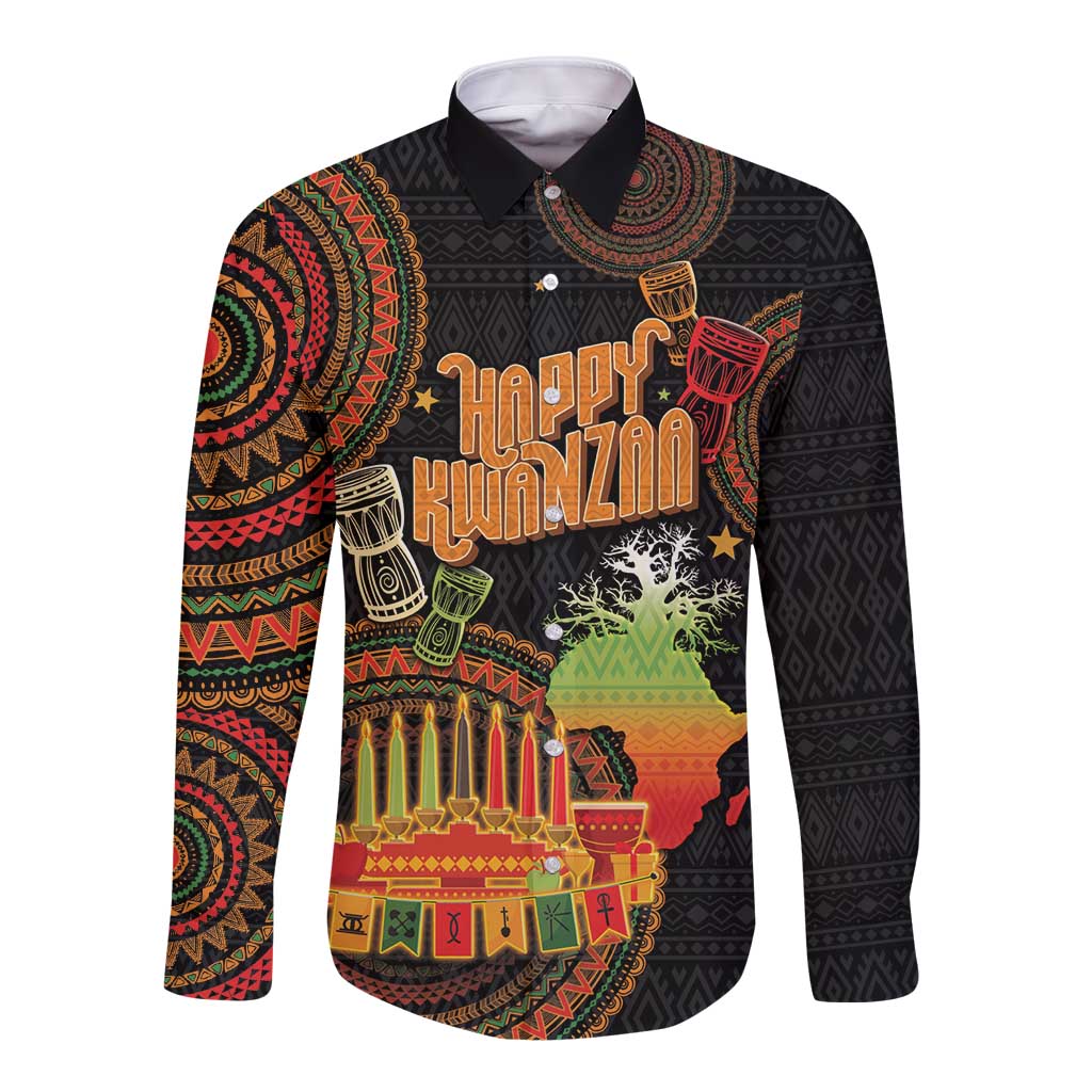 Black long-sleeve button shirt with Happy Kwanzaa graphic and colorful tribal pattern