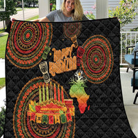 Black Kwanzaa quilt with circular tribal motifs, “Happy Kwanzaa” text, and candle scene